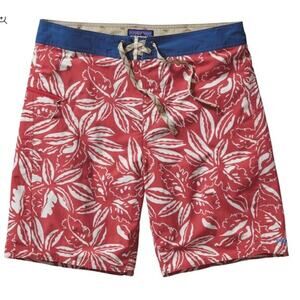 PATAGONIA WAVEFARER Mens Sz 29 Red Hawaiian Floral Drawstring Board Shorts EXC